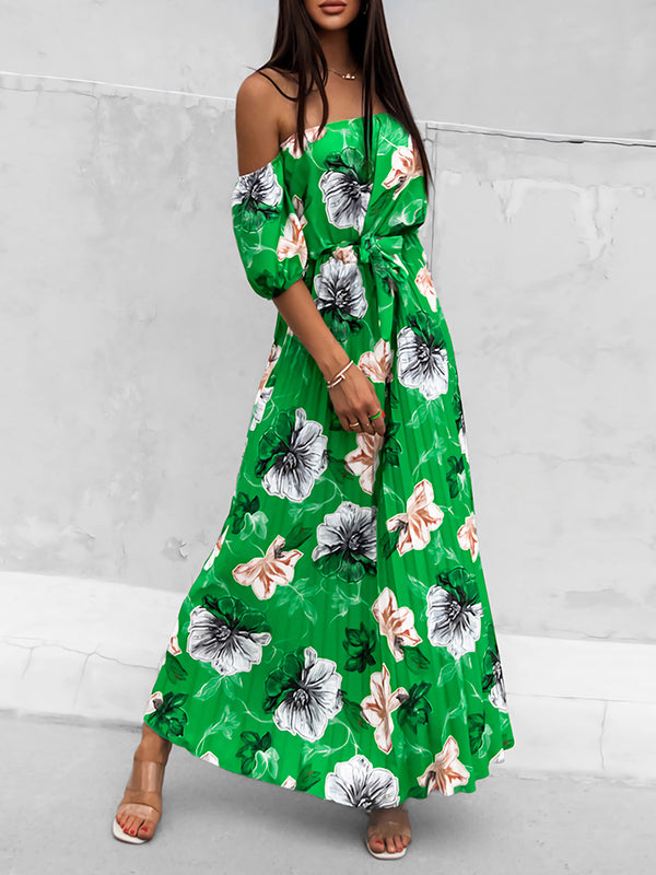 A-line Loose Elasticity Flower Print Pleated Split-joint Tied Waist Off-the-shoulder Maxi Dresses
