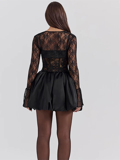 Julissa Mo Sheer Lace Two Piece Sets Dress Black Long Sleeve Lace Up Dress Femme Autumn A-line Party Clubwear