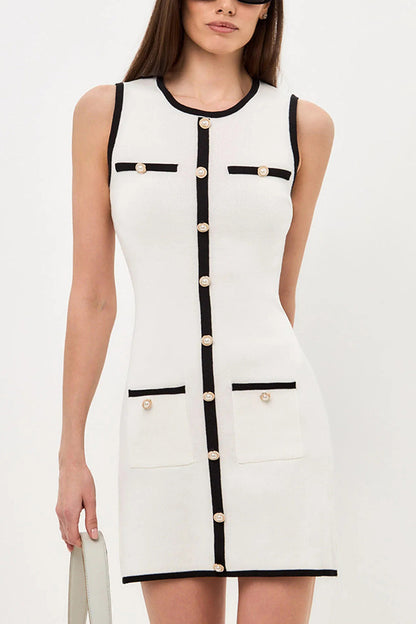 Sleeveless Round Neck Pearl Button Knitted Mini Dress
