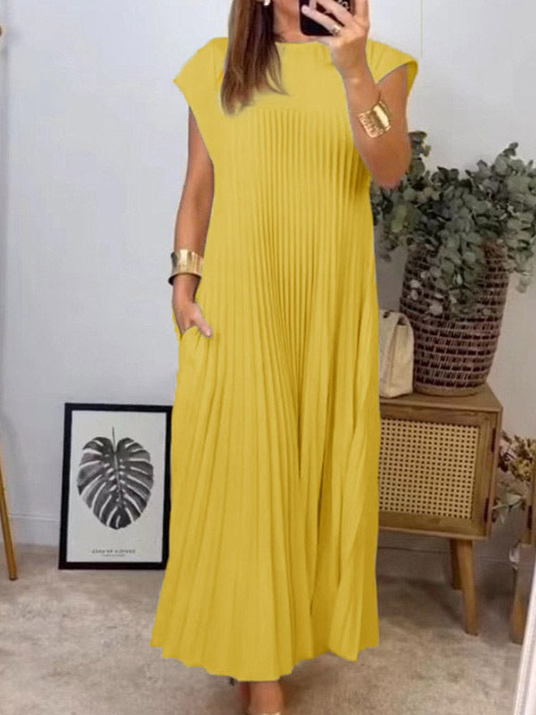 A-line High Waisted Pleated Pockets Color Split-joint Round-neck Maxi Dresses