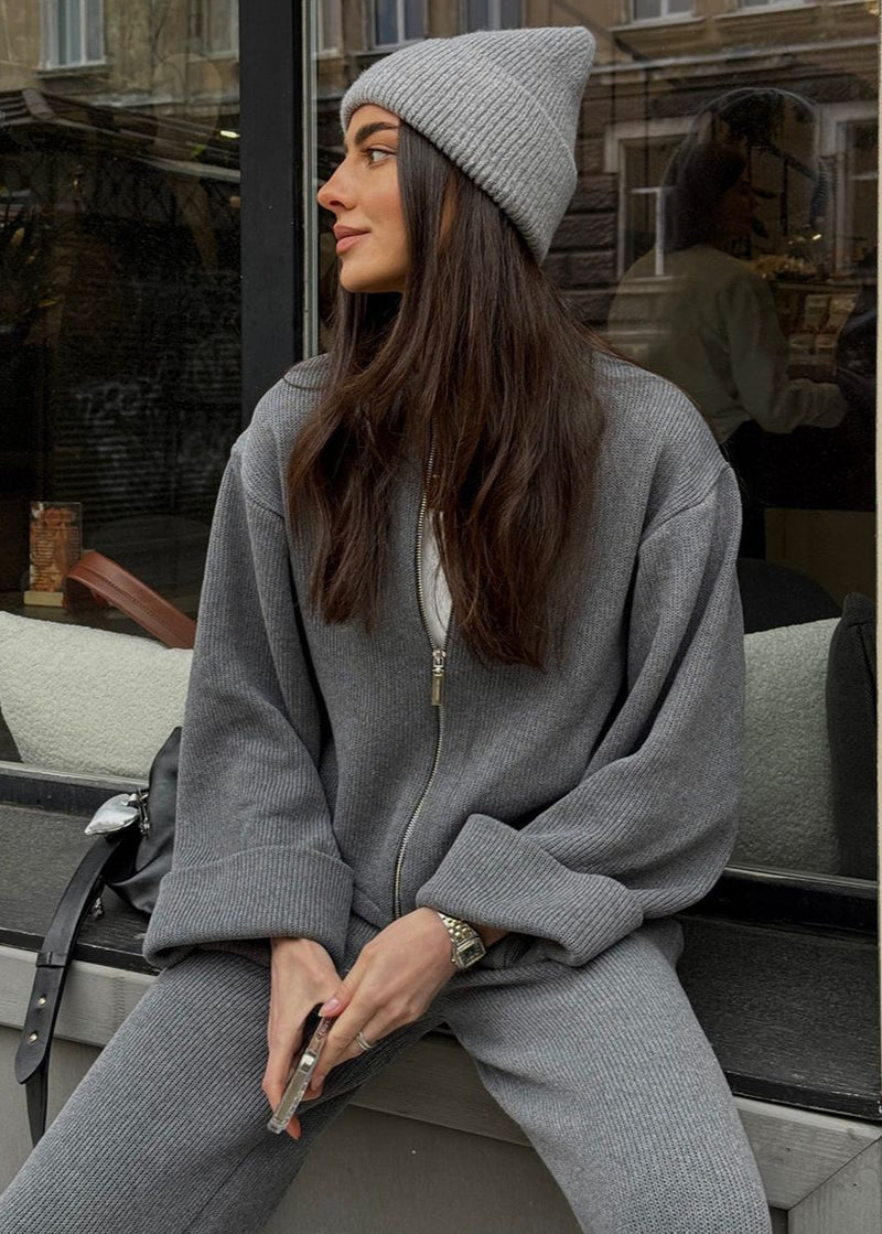 Avery Knit Lounge Set – Zip-up Jacket and Wide-leg Pants