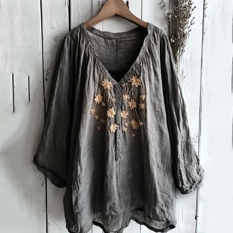 Vintage Floral Embroidered V Neck Comfy Shirt elevenforest