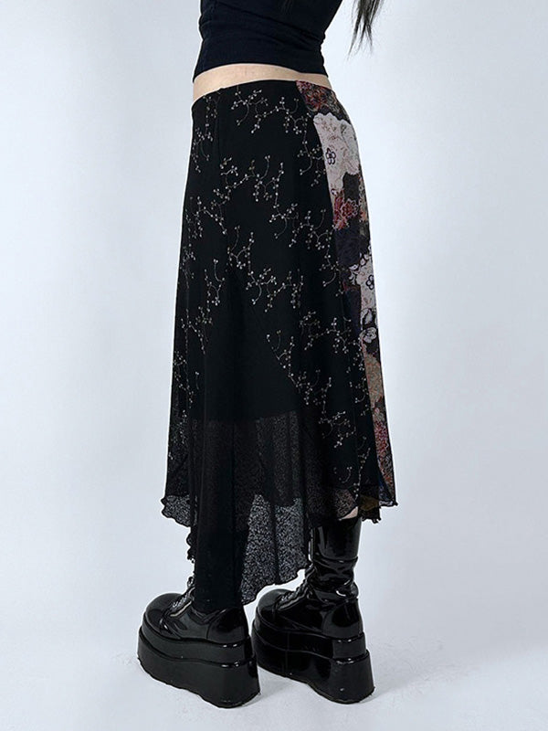 Dark Flower Print Splice Irregular Design Low Waist Midi Skirt