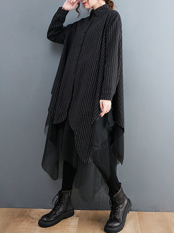 Loose Striped Gauze Split-joint Lapel Long Dress