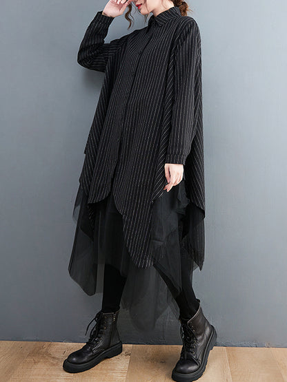 Loose Striped Gauze Split-joint Lapel Long Dress