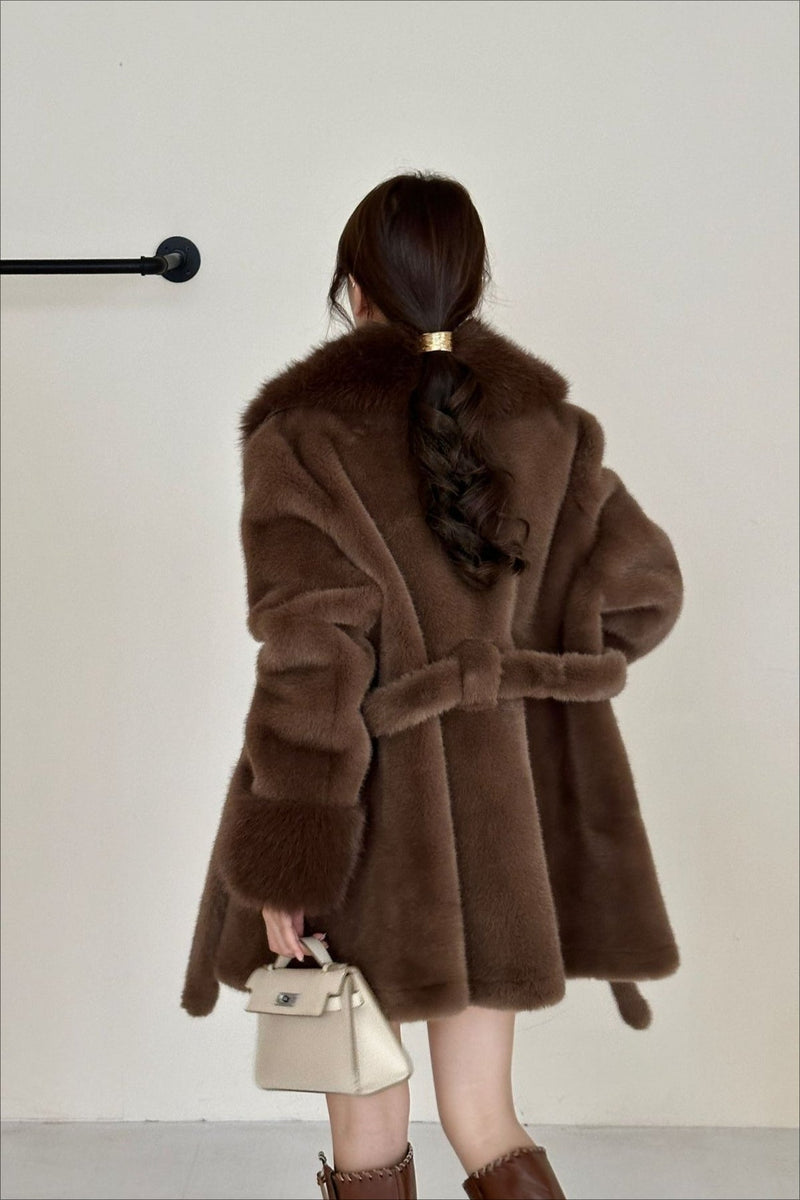 Faux Animal Fur Suede Mid-length Notch Collar Tie Waist Coat