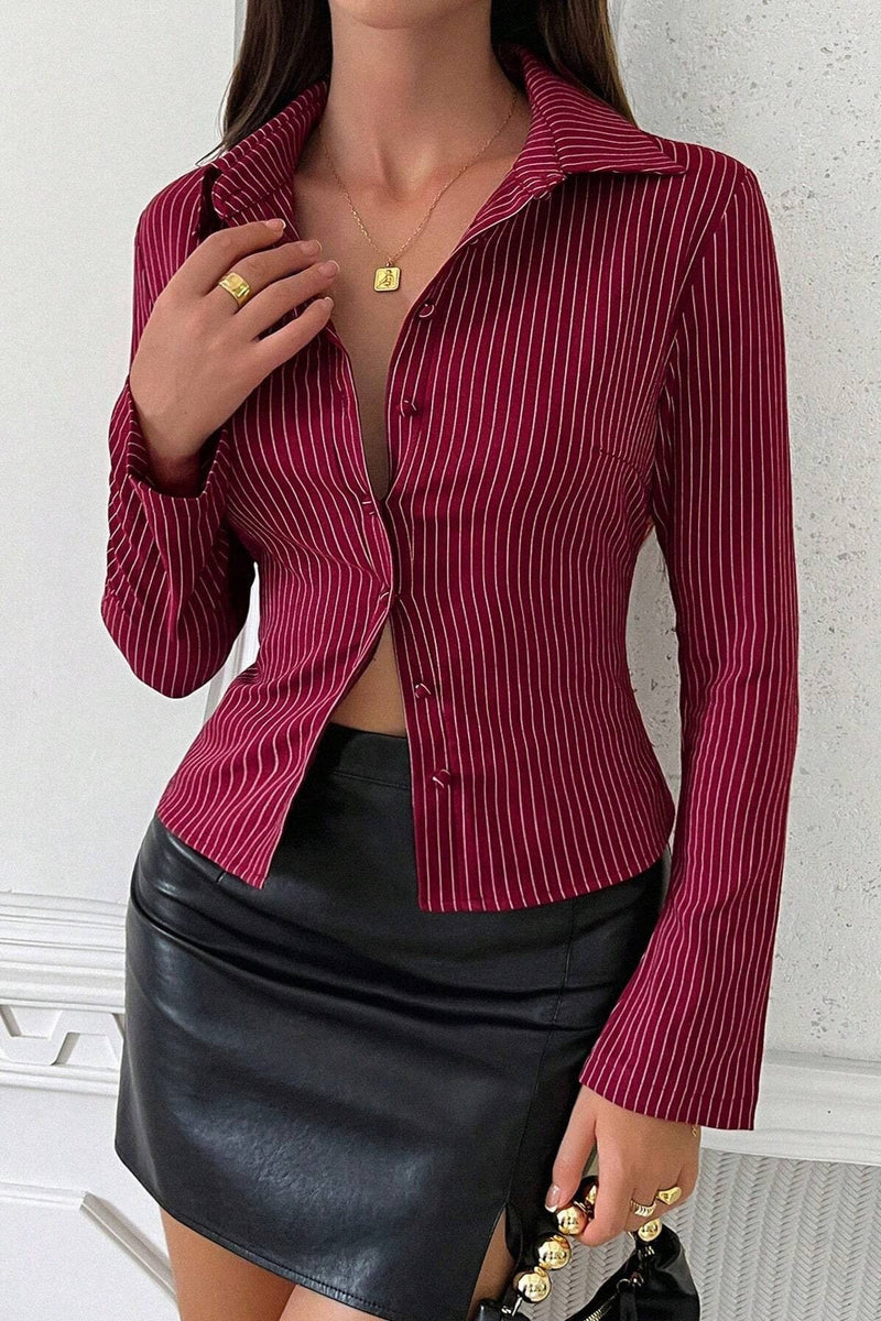 V Neck Striped Long Sleeve Blouse