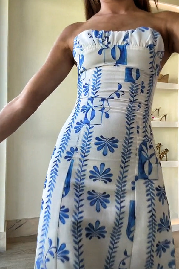 Freya Linen Blend Wave Print Ruched Bust Strapless Maxi Dress