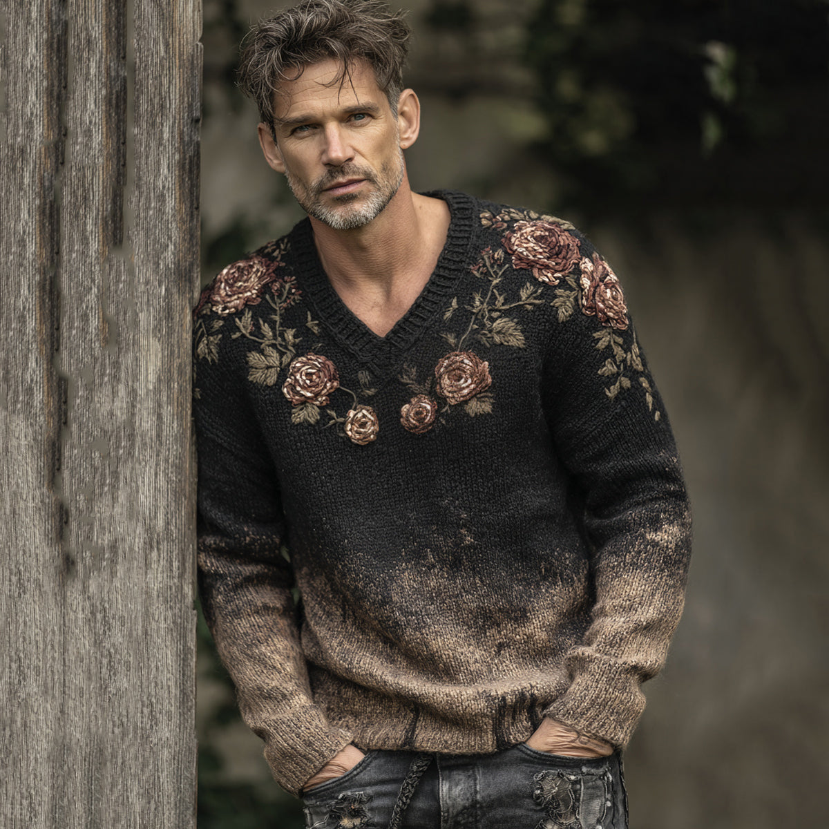 Men's Retro Floral Art Jacquard Thick Warm V Neck Sweater artswardrobe