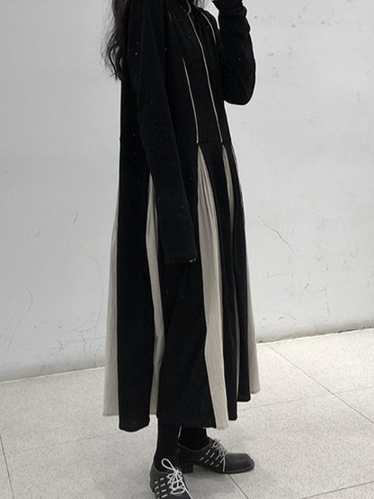 Original Contrast Color Split-joint High-neck Midi Dress