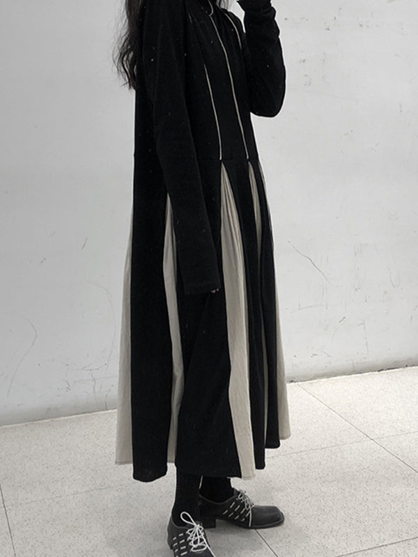 Original Contrast Color Split-joint High-neck Midi Dress