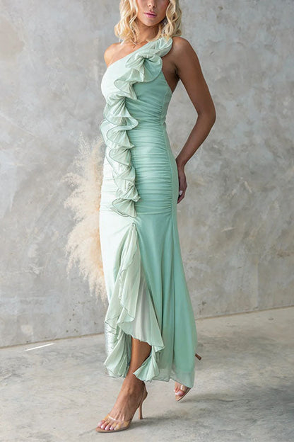 Moxidress One Shoulder Slit Ruched Ruffle Mesh Maxi Dress