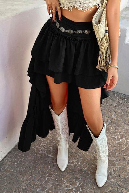 Color High Rise High-low Tiered Skirt
