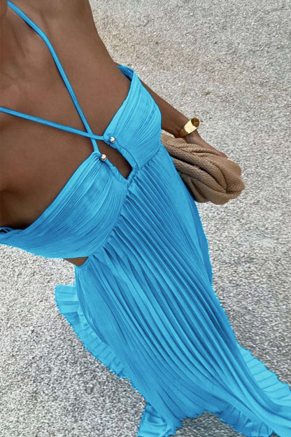 Halterneck Cutout Pleated Maxi Dress