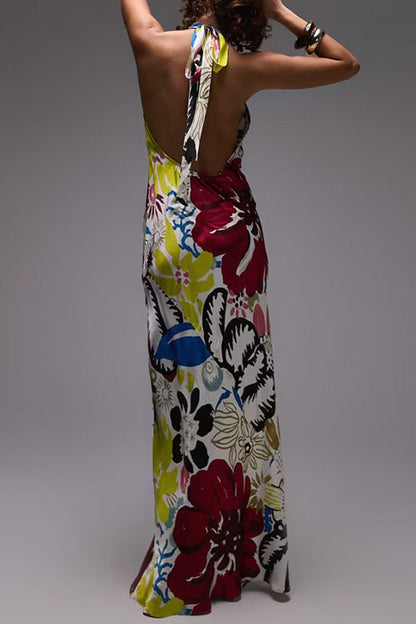 Halter Sleeveless Open Back Print Maxi Dress
