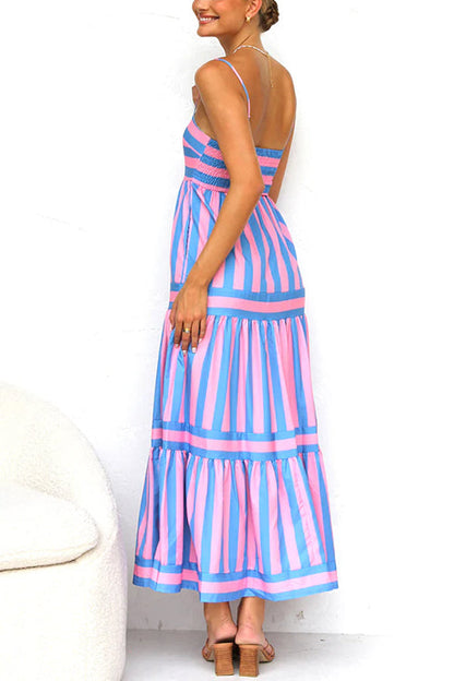 Moxidress Spaghetti Strap Tiered Color Block Striped Maxi Dress
