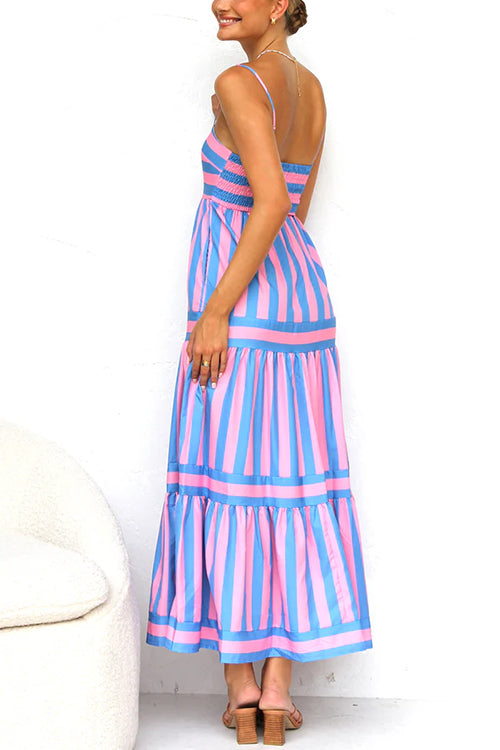 Spaghetti Strap Ruffle Tiered Color Block Striped Maxi Dress