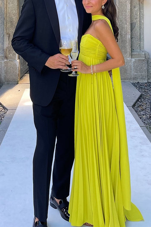 Moxidress Strapless Back Lace-up Pleated Maxi Dress