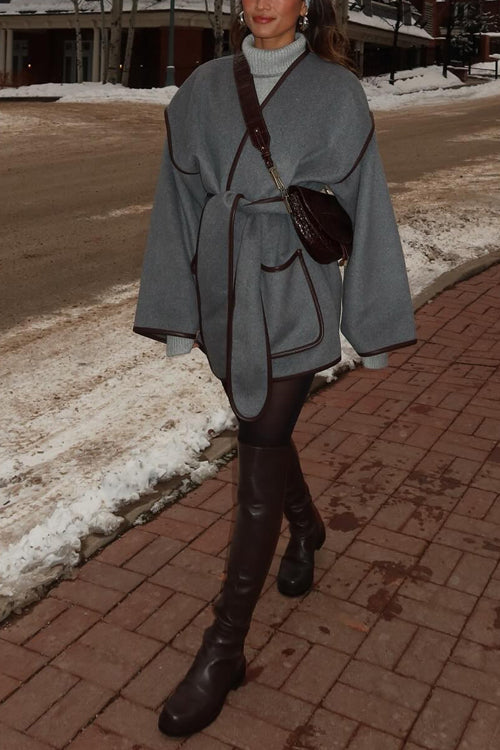 Open Front Pocketed Splice Coat With Belt