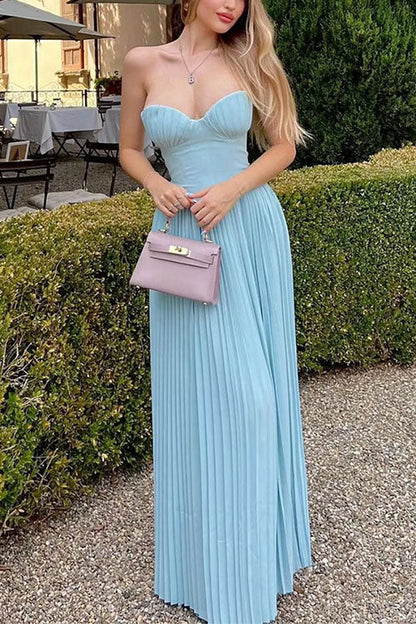 Moxidress Strapless V Neck Corset Pleated Maxi Dress