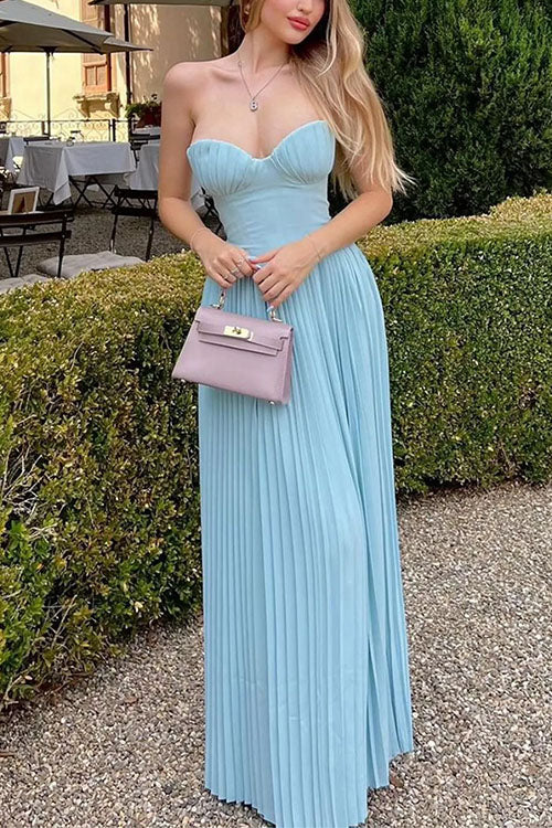 Strapless V Neck Corset Pleated Maxi Dress