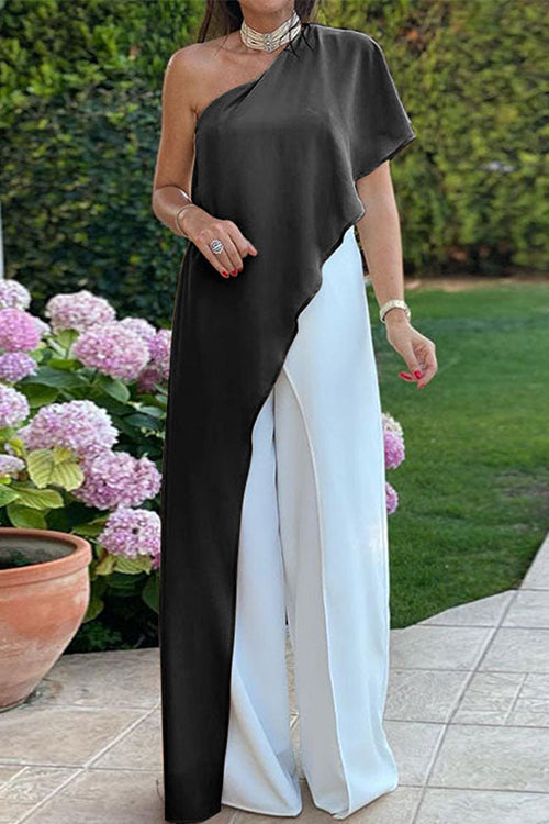 One Shoulder Color Block Wide Leg Jumpsuit