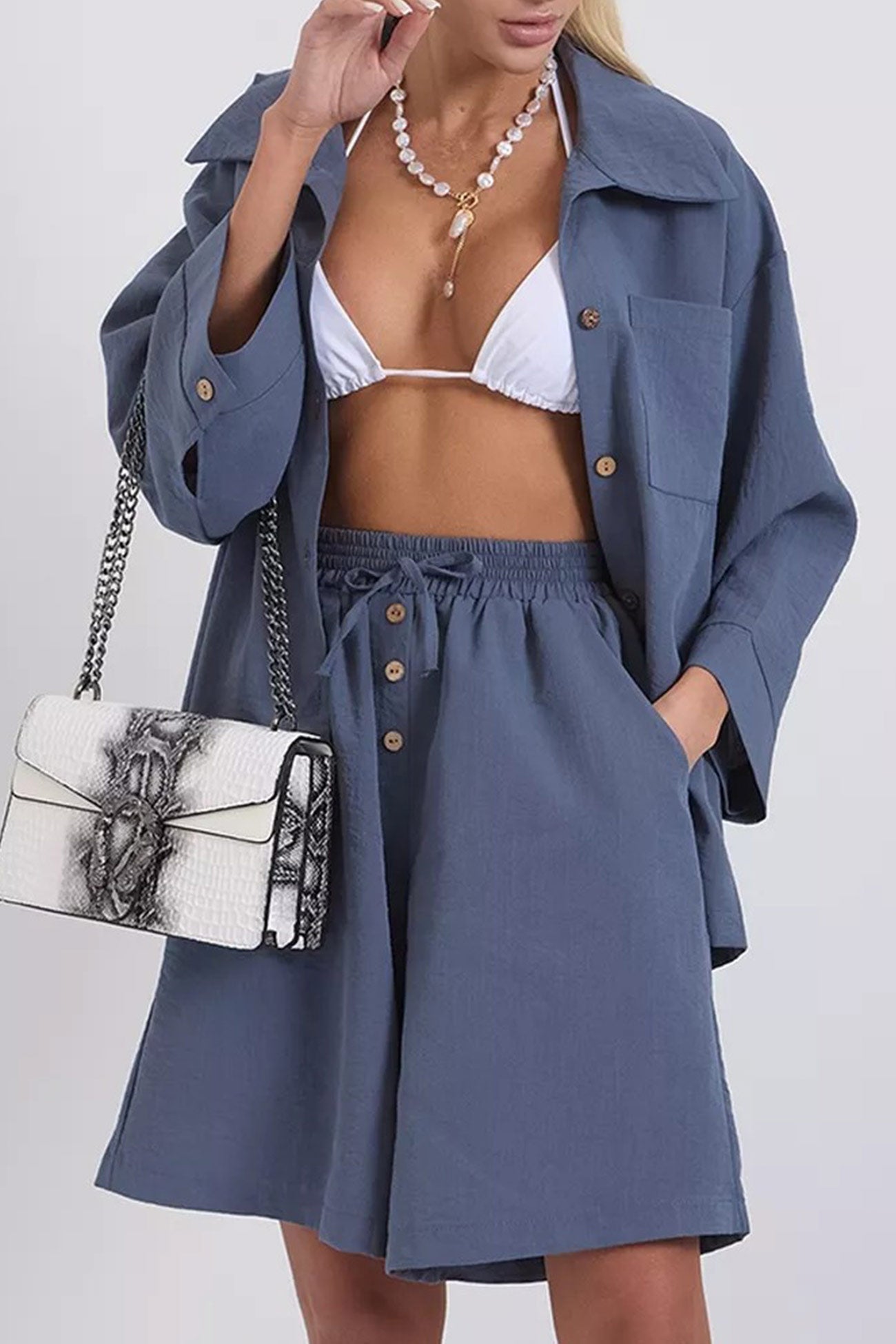 Color Shirt Single-breasted Bermuda Shorts Set