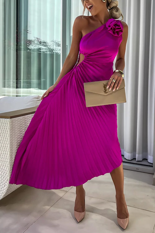 3d Rose One Shoulder Cut Out Waist Asymmetric Hem Pleated Maxi Dress