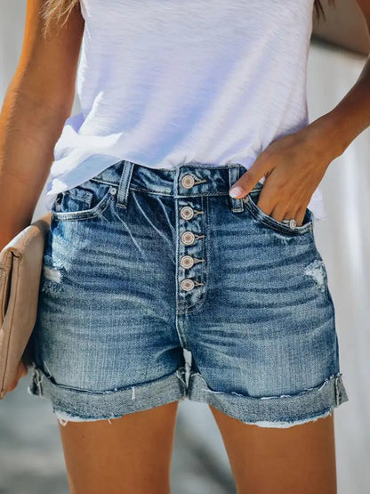 Versatile High-waist Ripped Denim Shorts