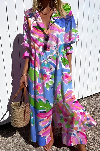 Ruched Button Down Balloon Sleeves Printed Maxi Dress