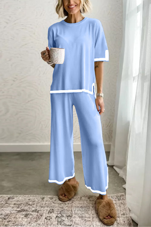 Moxidress Color Block Short Sleeves Side Split Pullover Wide Leg Pants Knitting Loungewear Set