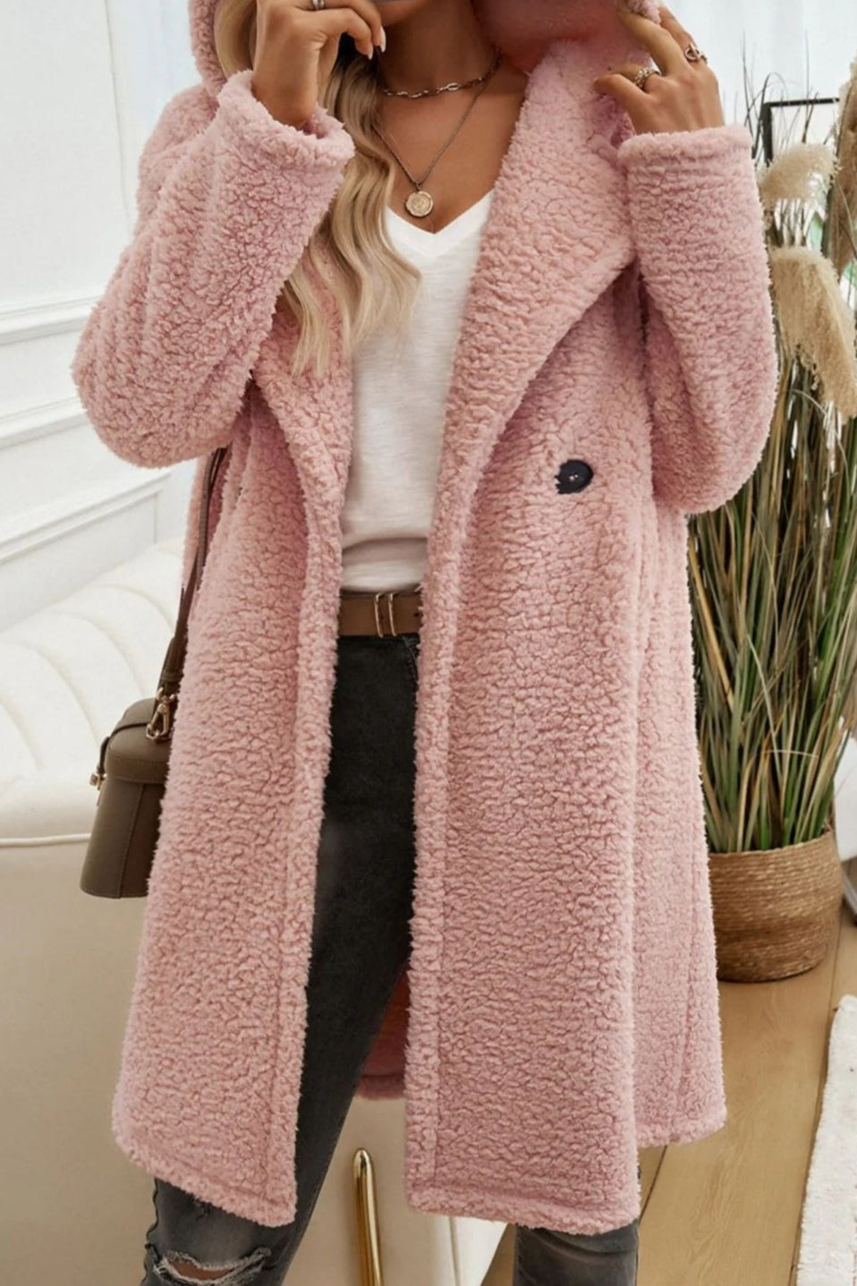 Mid-length Fuzzy Lapel Coat