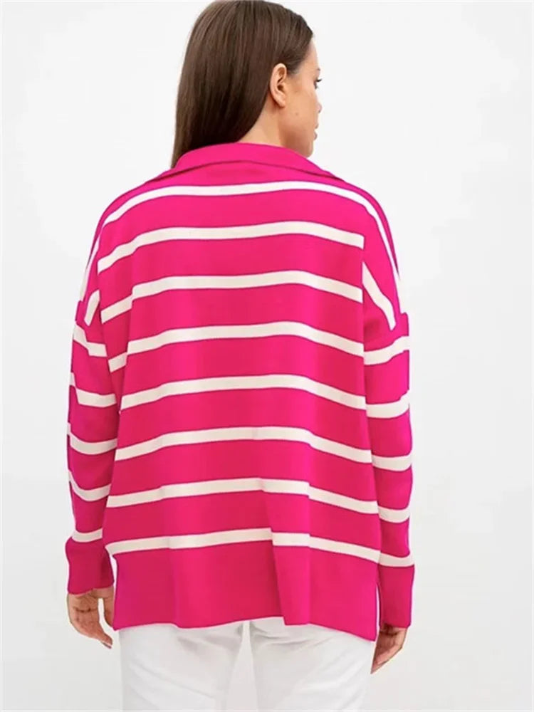 V-neck Knit Pullover for Striped Slim Long Sleeve Contrast Loose Sweater High Street Knitwear Pullover Top