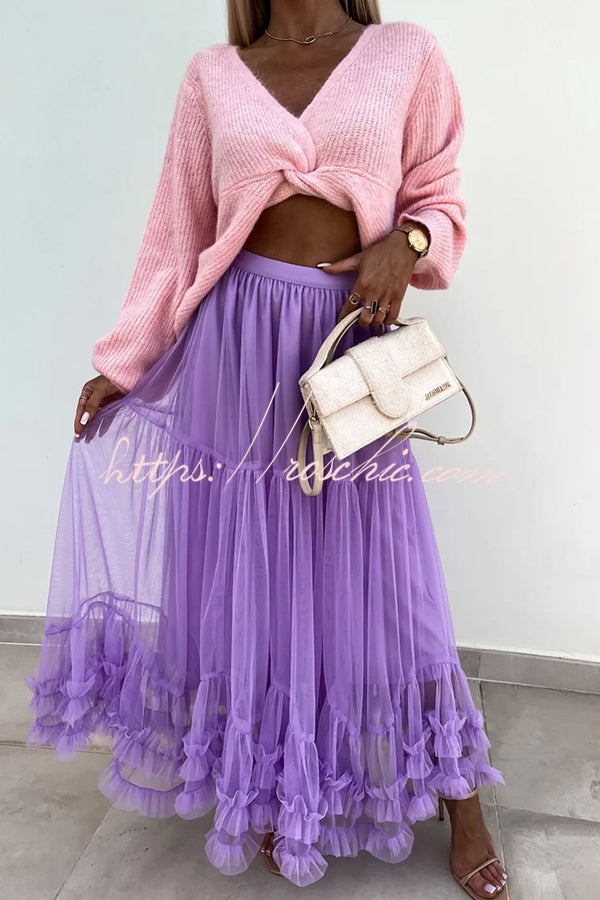Tulle Stretch Waist Paneled Pleated Maxi Skirt