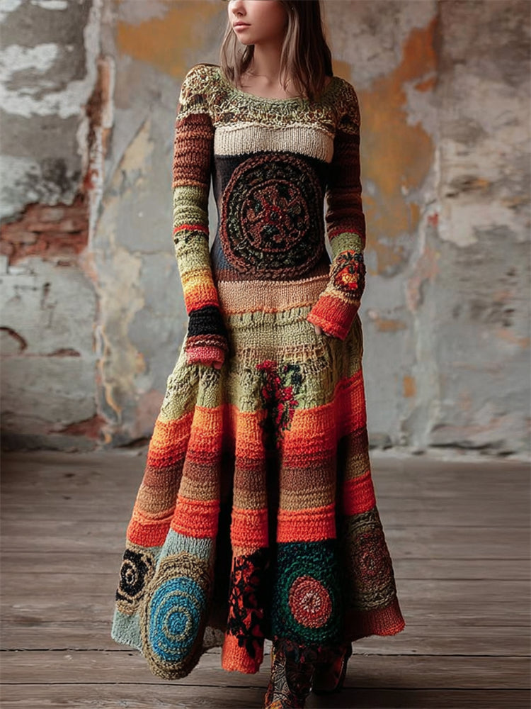 Boho Mandala Crochet Geometric Colorblock Maxi Sweater Dress