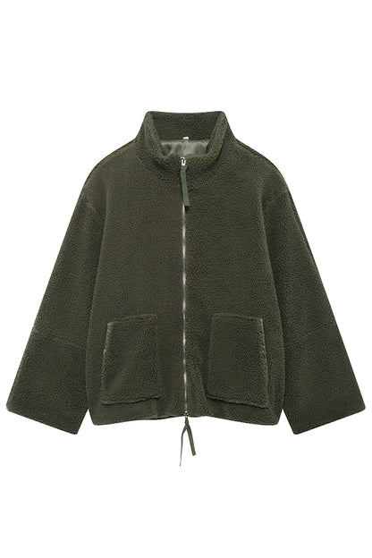 Color Stitching High Collar Long Sleeve Loose Pocket Woolen Coat