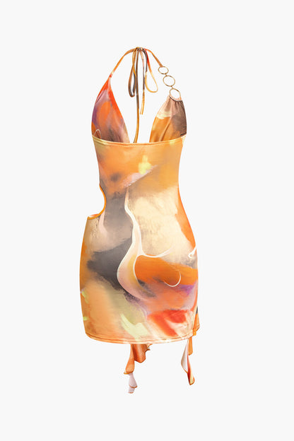 Abstract Print Halter Cowl Neck Slit Mini Dress With Tie Up