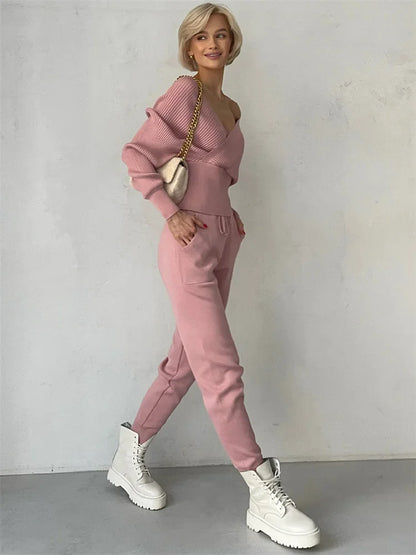 Knit V-neck Pullover 2 Piece-set for Patchwork Sweater and High Waist Drawstring ’s Pants Sets Outfits