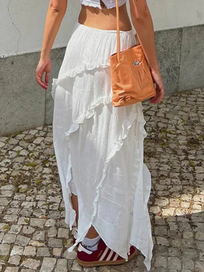 White Ruffle Slit Midi Skirt