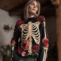 Comstylish Women Halloween Ancient Human Anatomy And Red Rose Ancient Round Neck Sweater