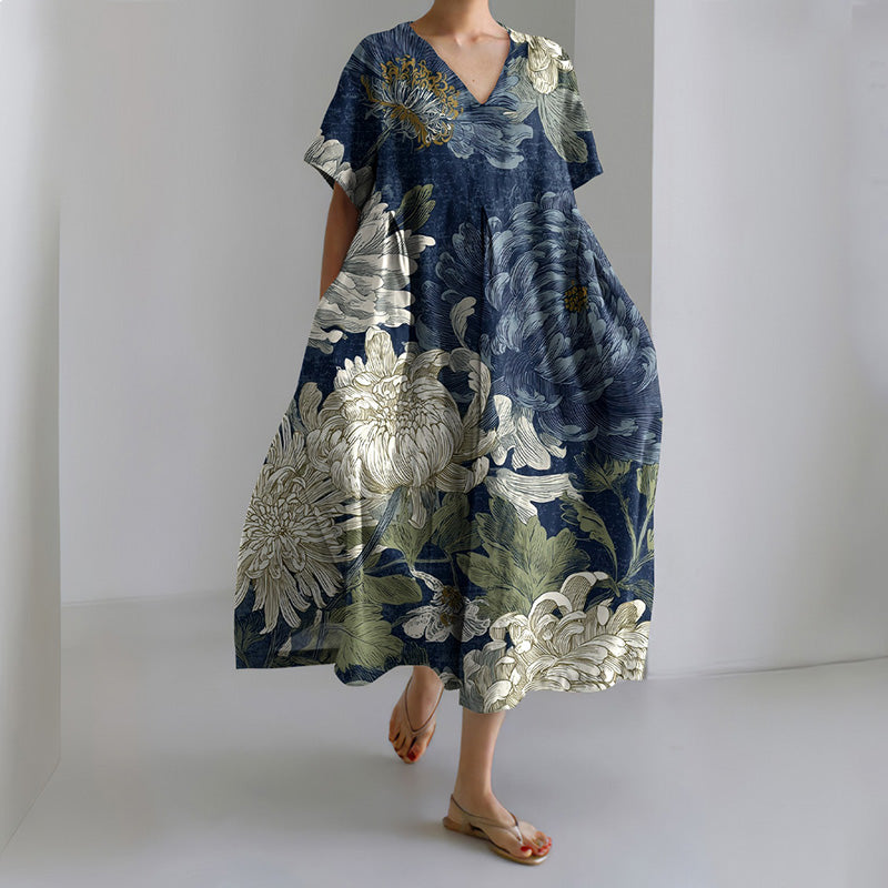 Women's Floral Art Linen Short-sleeved Dress elevenforest