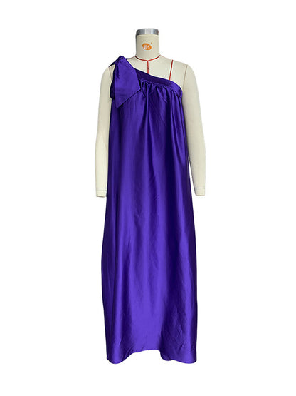 A-line Loose Asymmetric Pleated Color Tied One-shoulder Maxi Dresses