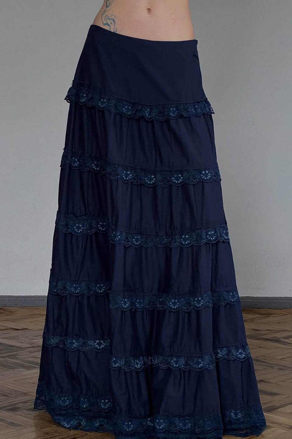 Lace Trimmed Tiered Midi Skirt