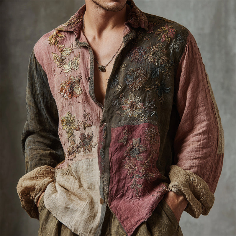 Men's Vintage Boho Floral Embroidered Colorblock Linen Shirt elevenforest