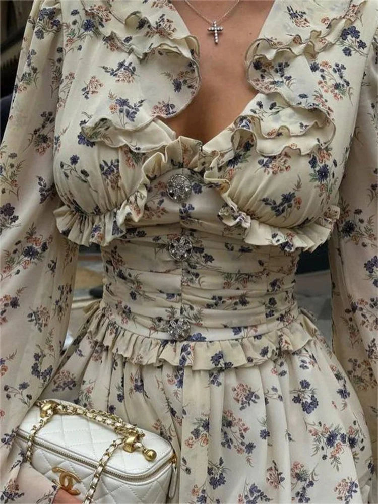 Ruffled V-neck Printed Mini Dress Female Bandage Autumn Lace-up Contrast Drawstring Dress for Party Dress