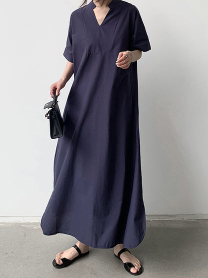 Loose Short Sleeves Color V-neck Maxi Dresses