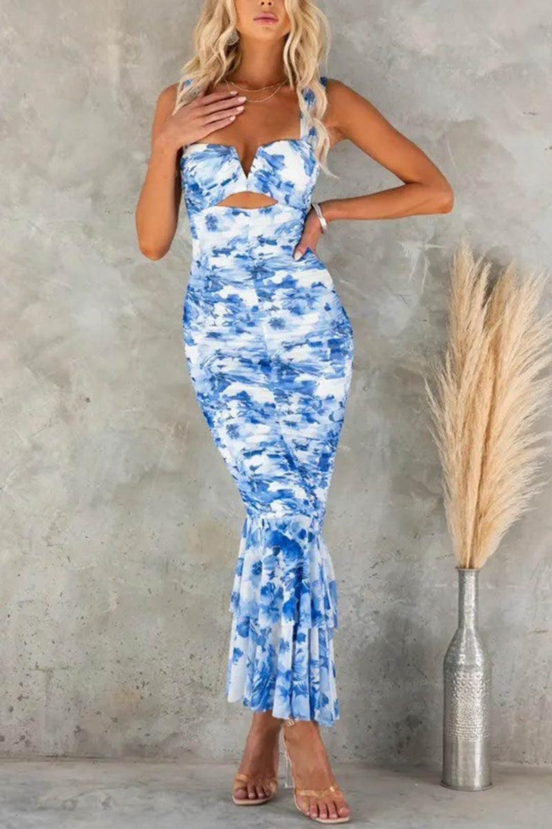 Print Ruched Fishtail Dress