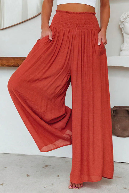 Smocked Elastic Waist Pleated Wide Leg Pants