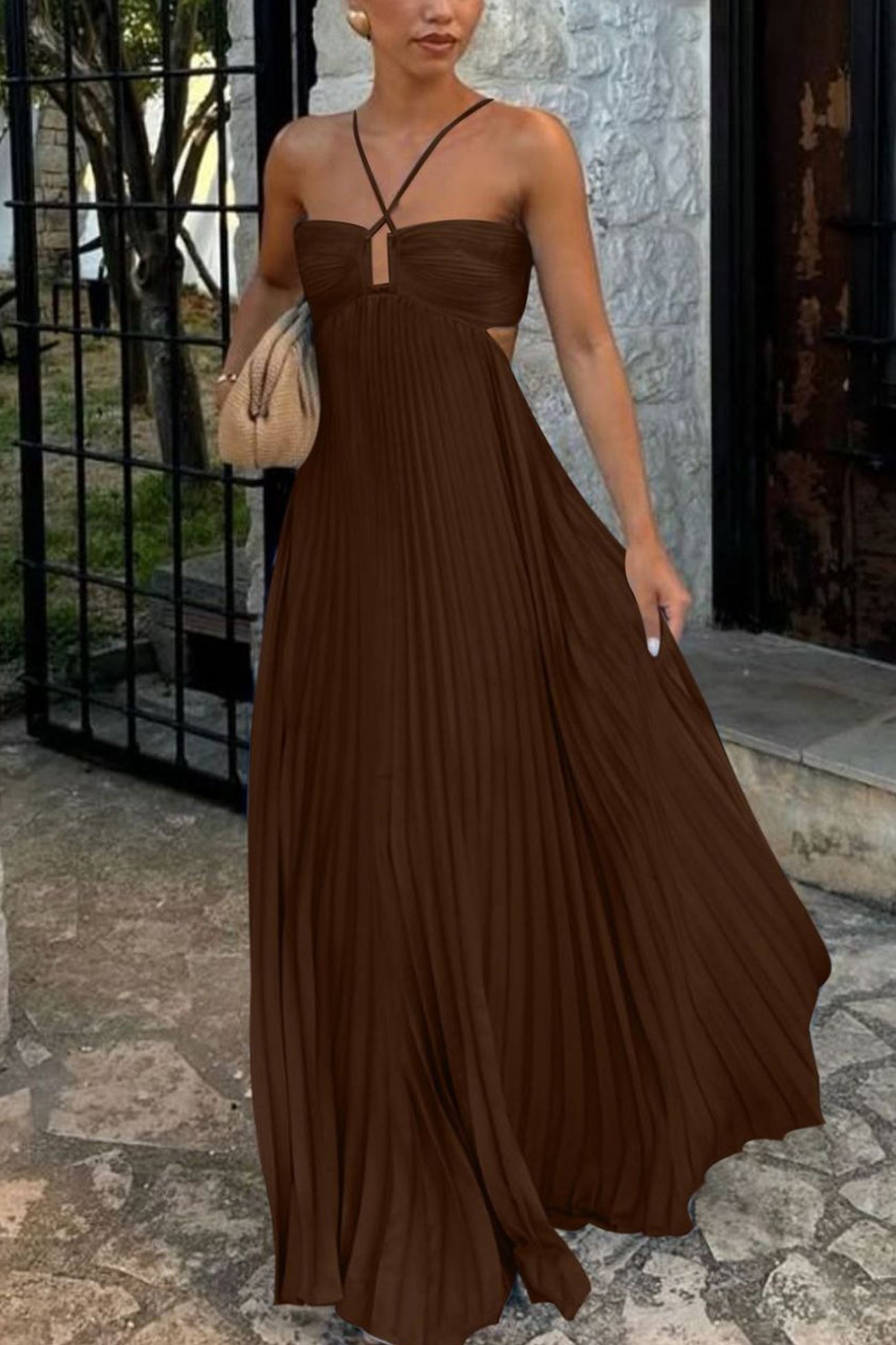 Halterneck Cutout Pleated Maxi Dress