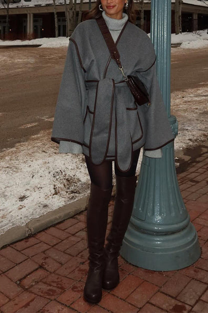 Moxidress Open Front Pocketed Splice Coat With Belt